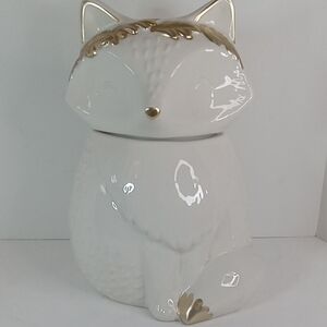 World Market White Fox With Gold Accents Glazed Ceramic Cookie Jar
